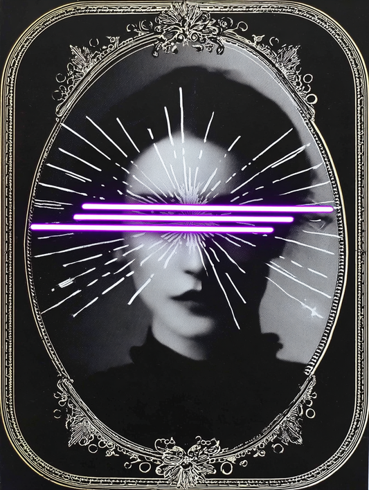 Tarot card with womans face and neon lights across her eyes