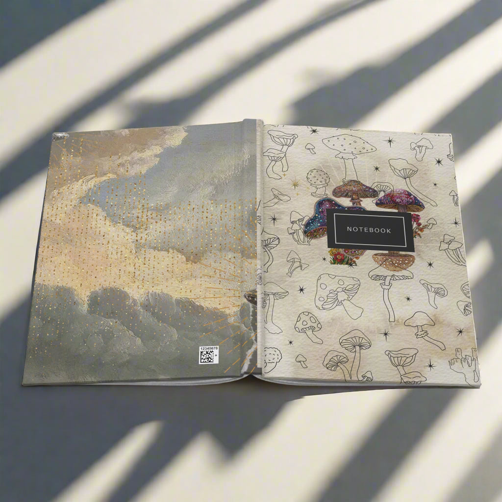 Open faced mushroom notebook with hand-drawn illustrations and sequined accents view of front and back cover
