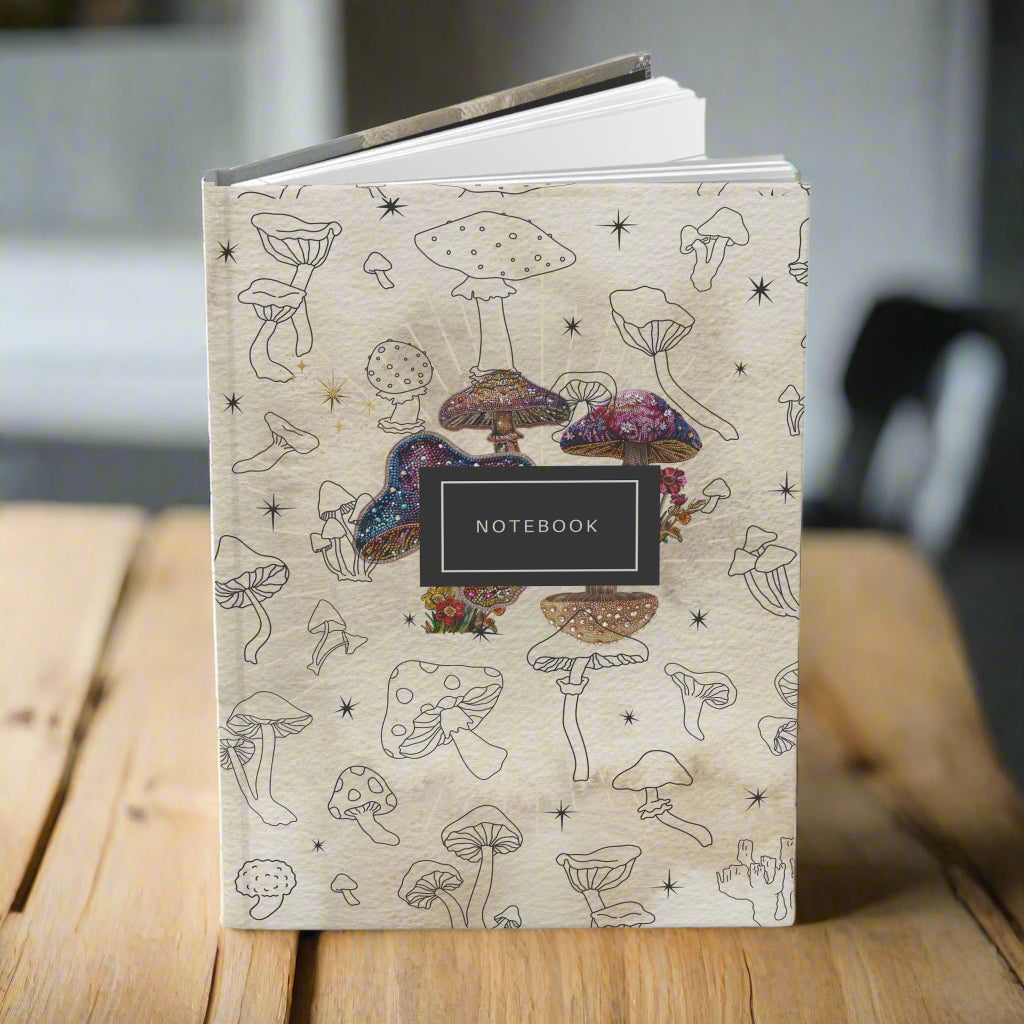 Standing upright mushroom notebook with hand-drawn illustrations and sequined accents