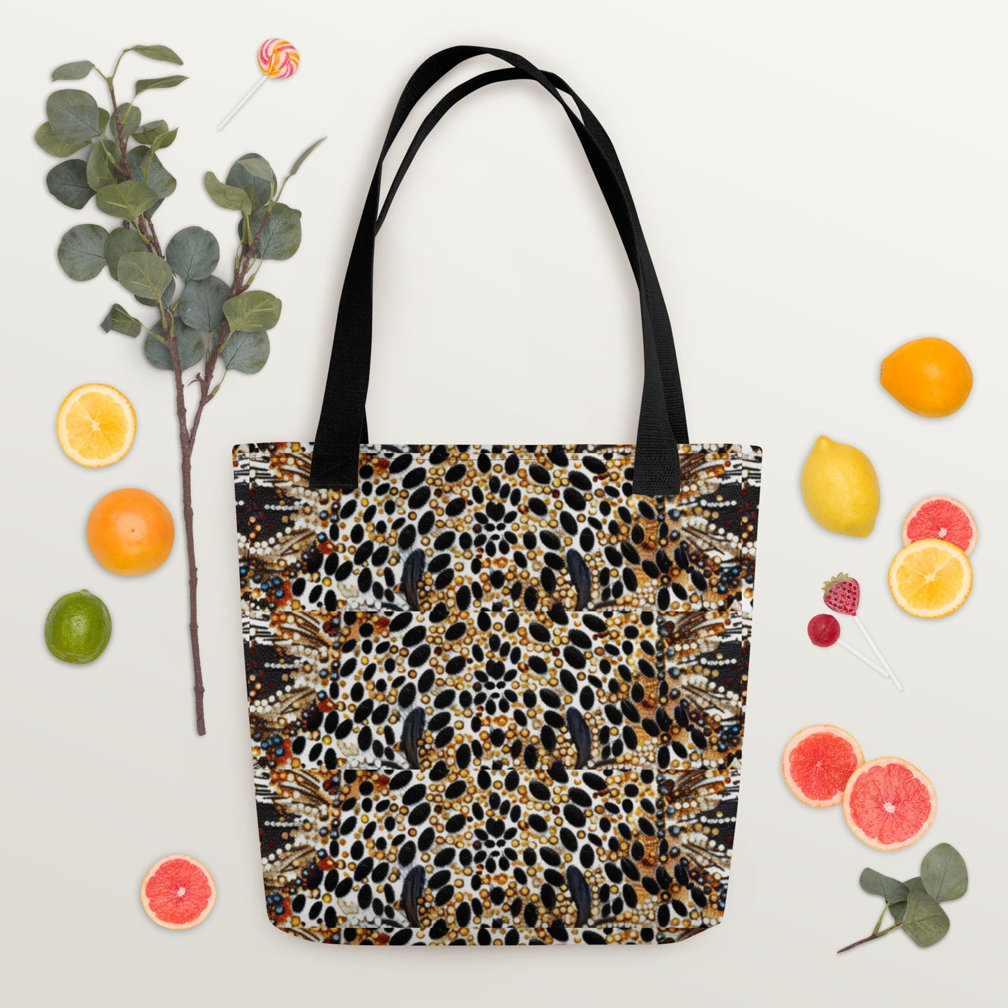 Leopard pattern carryall tote surrounded by fruits and veggies, perfect for Farmer's Market runs