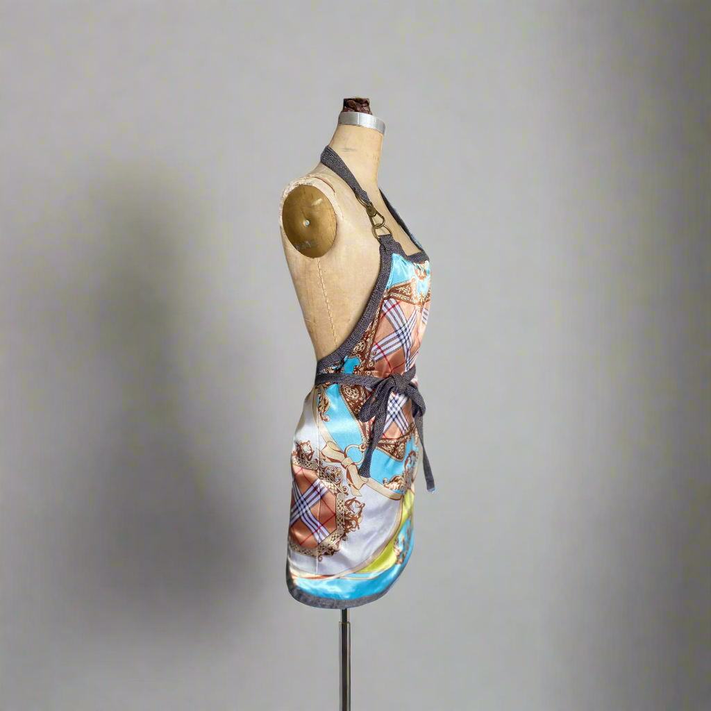 An aqua, multicolored, plaid design double-sided apron. Includes a snap hook detail displayed on a mannequin.