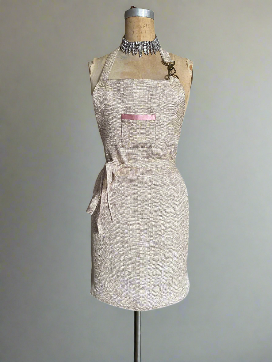 Blush apron solid beige side with pink satin pocket detail