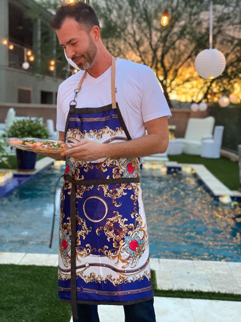 Luxury kitchen apron with leather strap and front pocket out by the pool