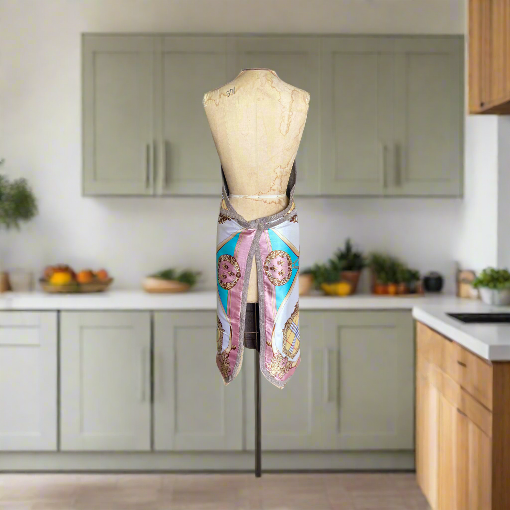Back view of Equestrian Rose double-sided unisex apron displayed on the luxury scarf print design