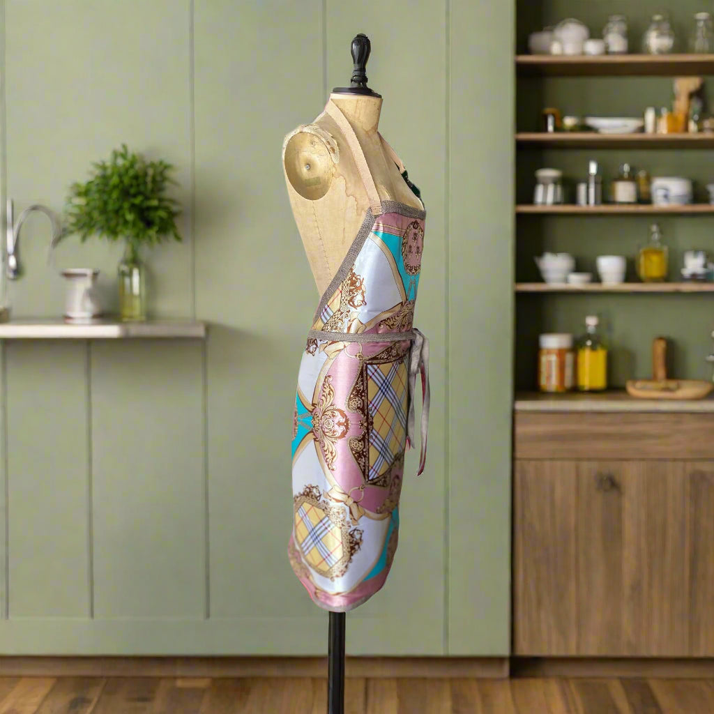 Equestrian Rose apron showing long ties and elegant design