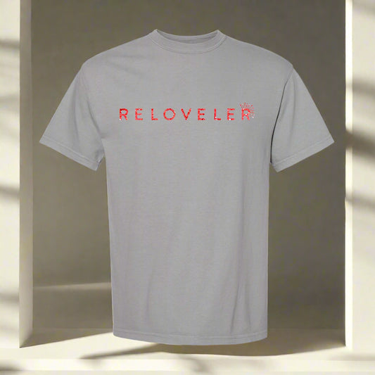 Unisex gray t-shirt with red sparkly logo and elegant glitter Reloveler lettering