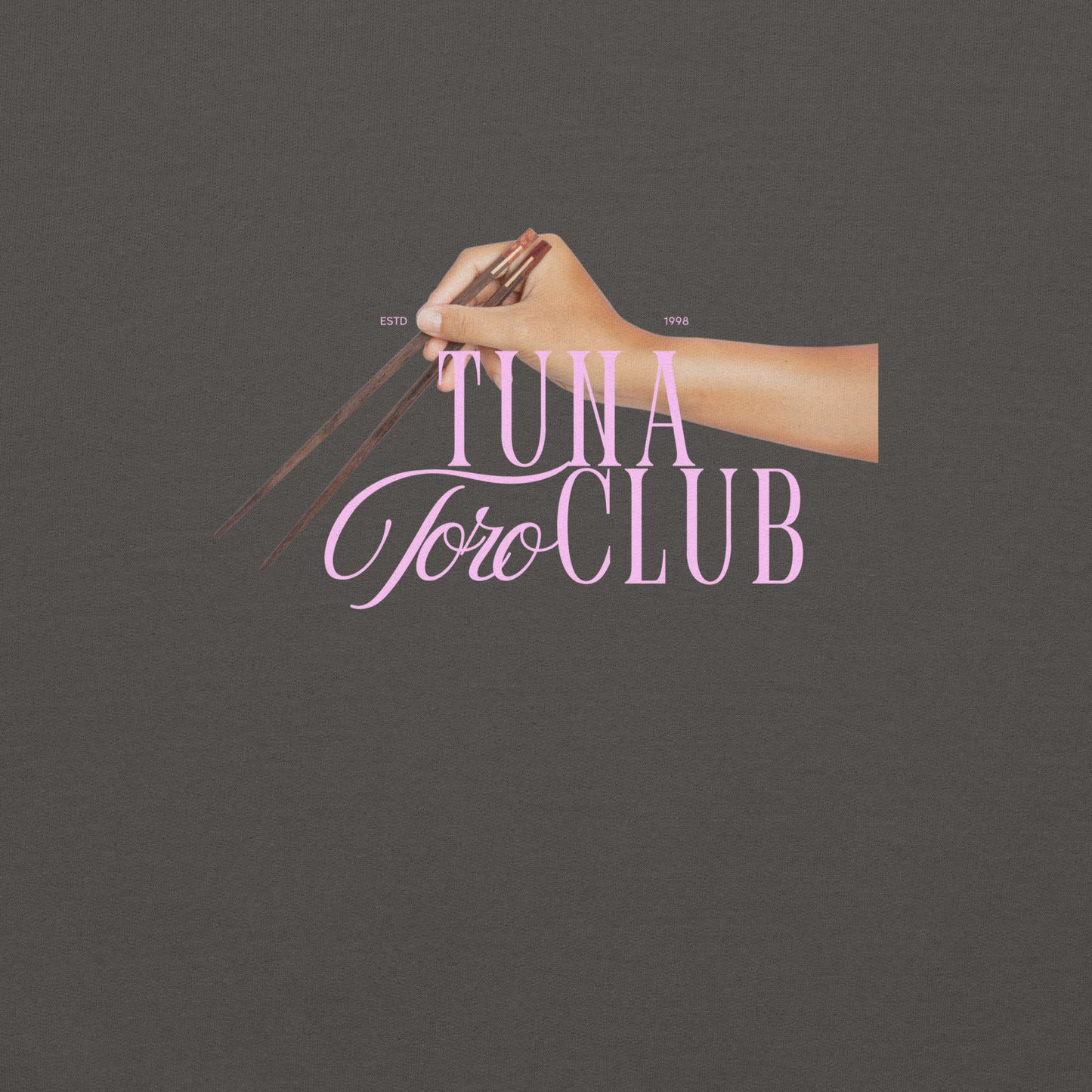 Tuna Toro Club sweater close up, showing only the graphic against the charcoal grey color