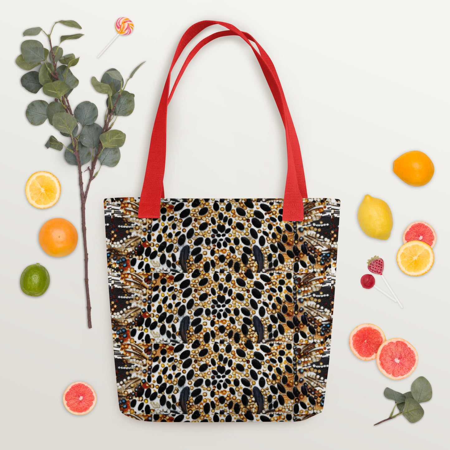 Red handles leopard tote perfect for groceries! Reusable eco glam