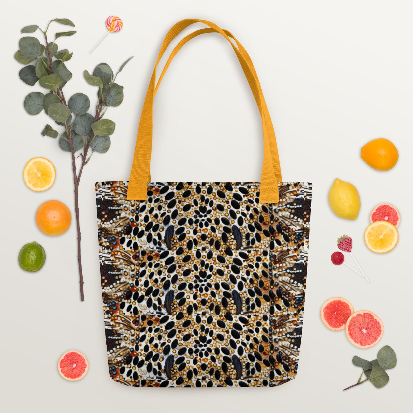 Yellow handles leopard tote for fresh fruites and veggies