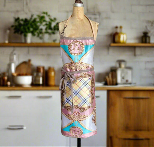 Equestrian Rose apron showing luxury leather strap and snap hook detail