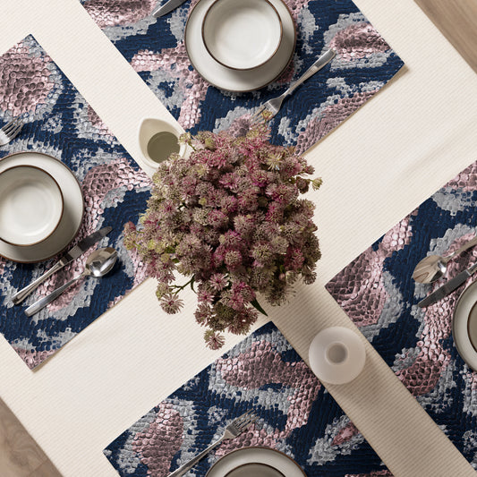 Luxury serpent placemats on elegant table setting showing navy and blush tones