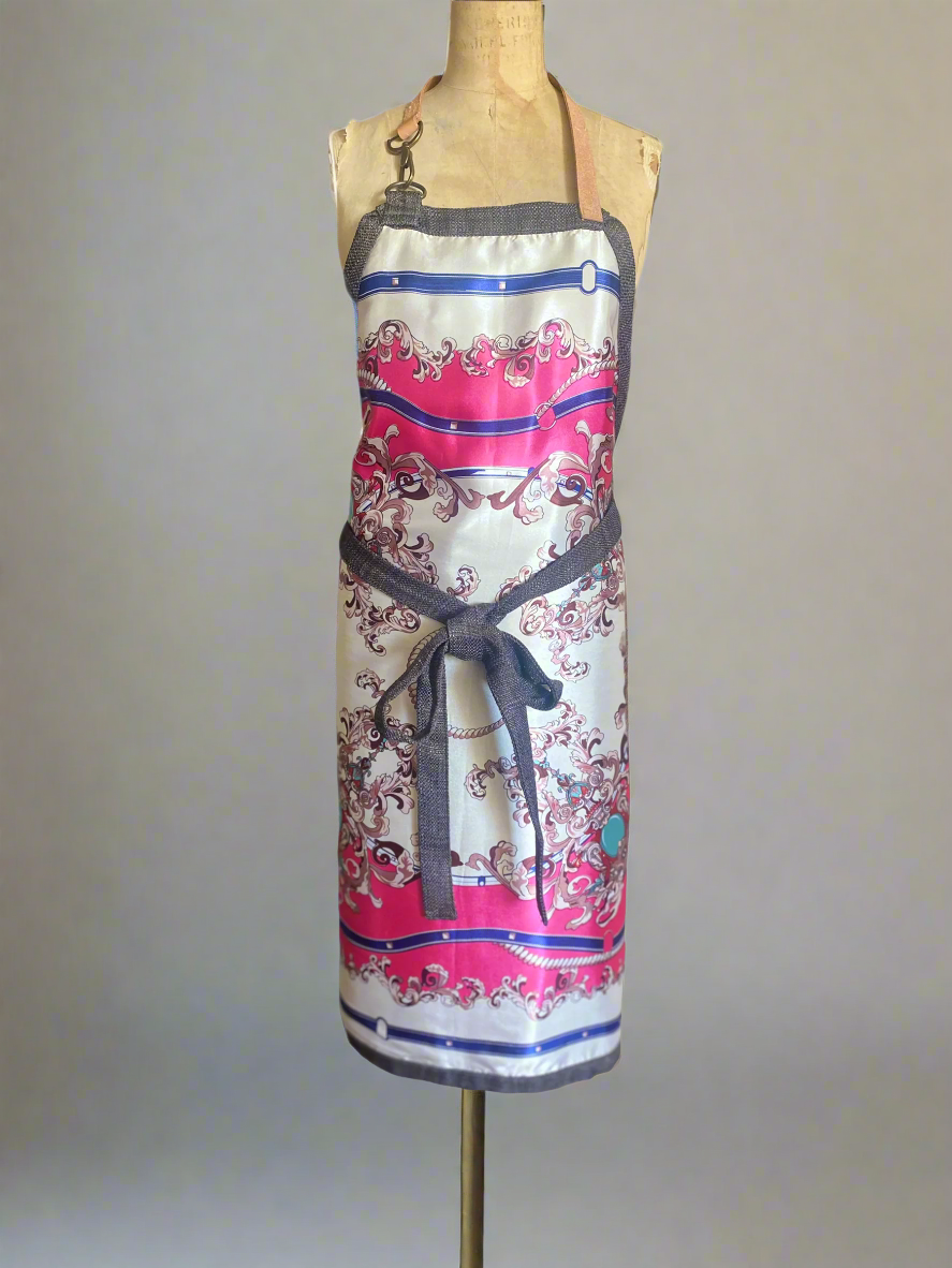 Front view of Royalty apron with pocket, pink version