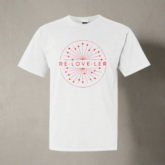 White t-shirt with Red logo sparkle circle. Wear with open jacket and just LOVE lettering is visible