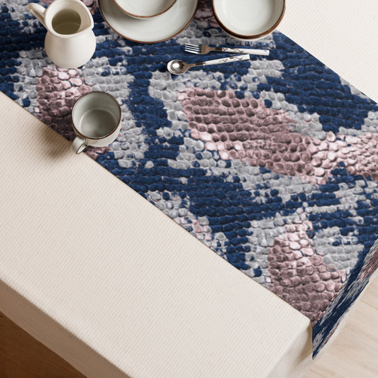 Serpent table runner in metallic noir with navy, blush and silver python print