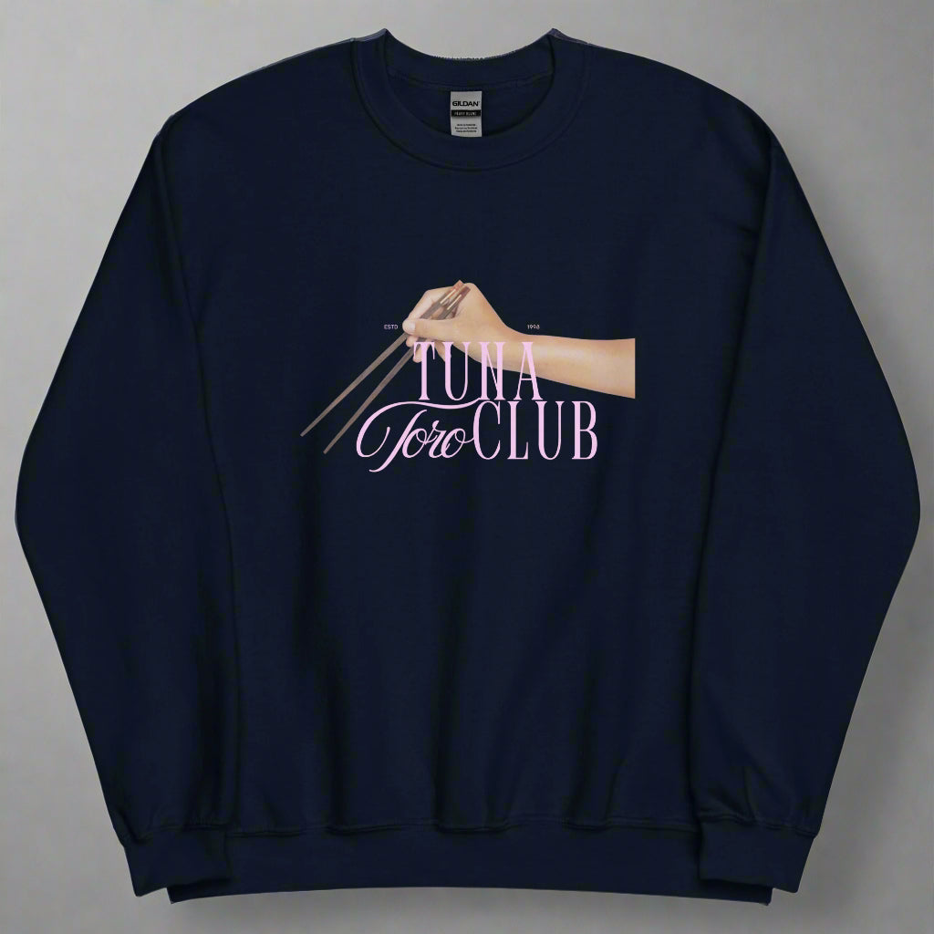 Tuna Toro Club unisex sweater with chopsticks graphic and pink typography