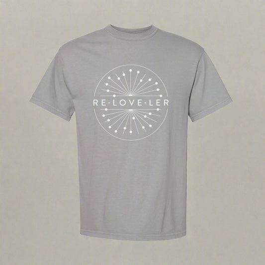 Unisex grey tee with white sparkly logo and sophisticated circle design