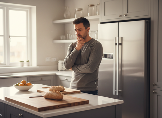 A confused man in a kitchen 