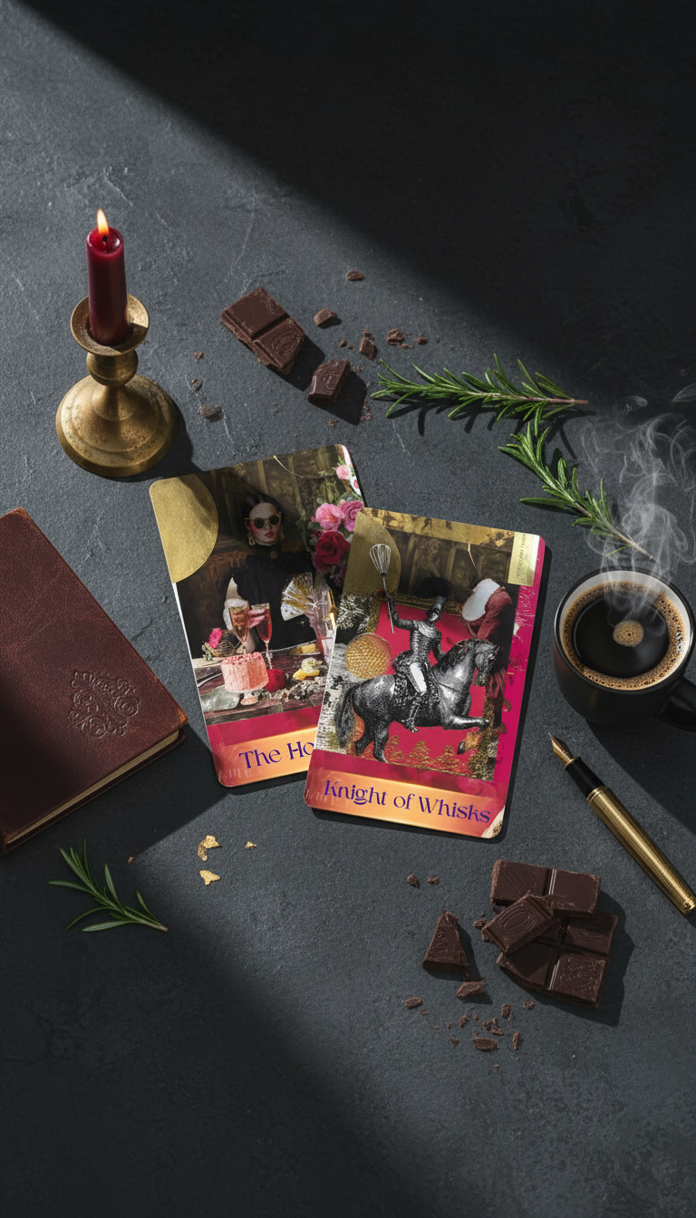 Culinary Art tarot card on dark table with dramatic lighting and candle