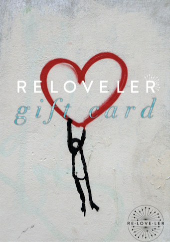 Reloveler Designs gift card for kitchen and home products. Graphic shows a red heart and a stylized representation of a person holding it, with the name 'Reloveler' displayed.