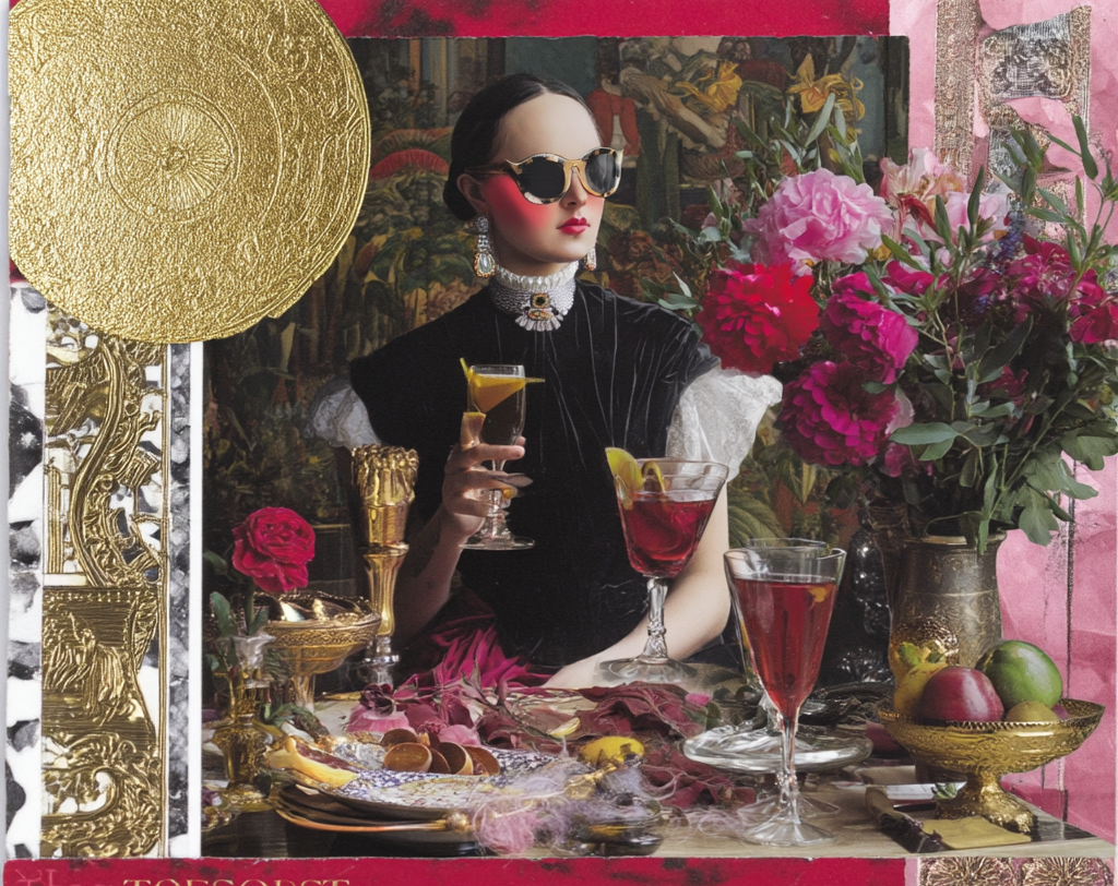 Collage-style image with a woman holding a cocktail, surrounded by decorative elements and flowers.