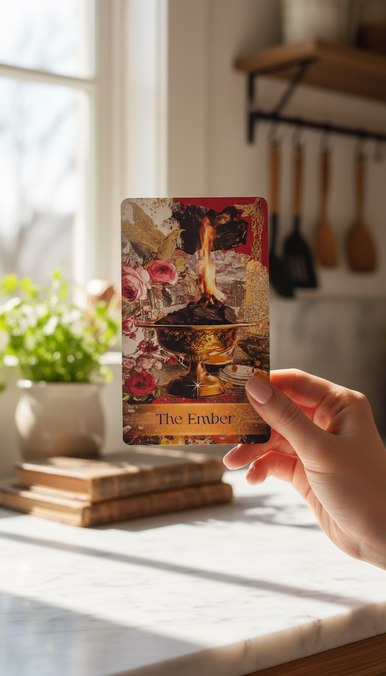 Hand holding culinary tarot card in bright modern kitchen setting