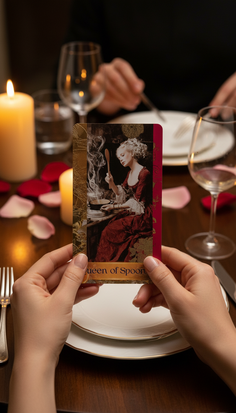 Culinary tarot card held at restaurant table with natural candle lit lighting