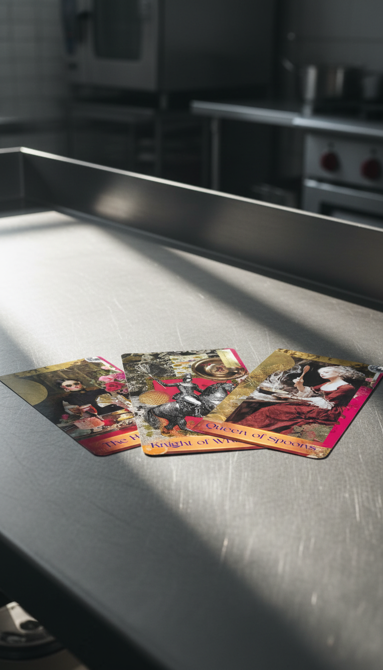 Culinary tarot cards on professional stainless steel chef's prep table
