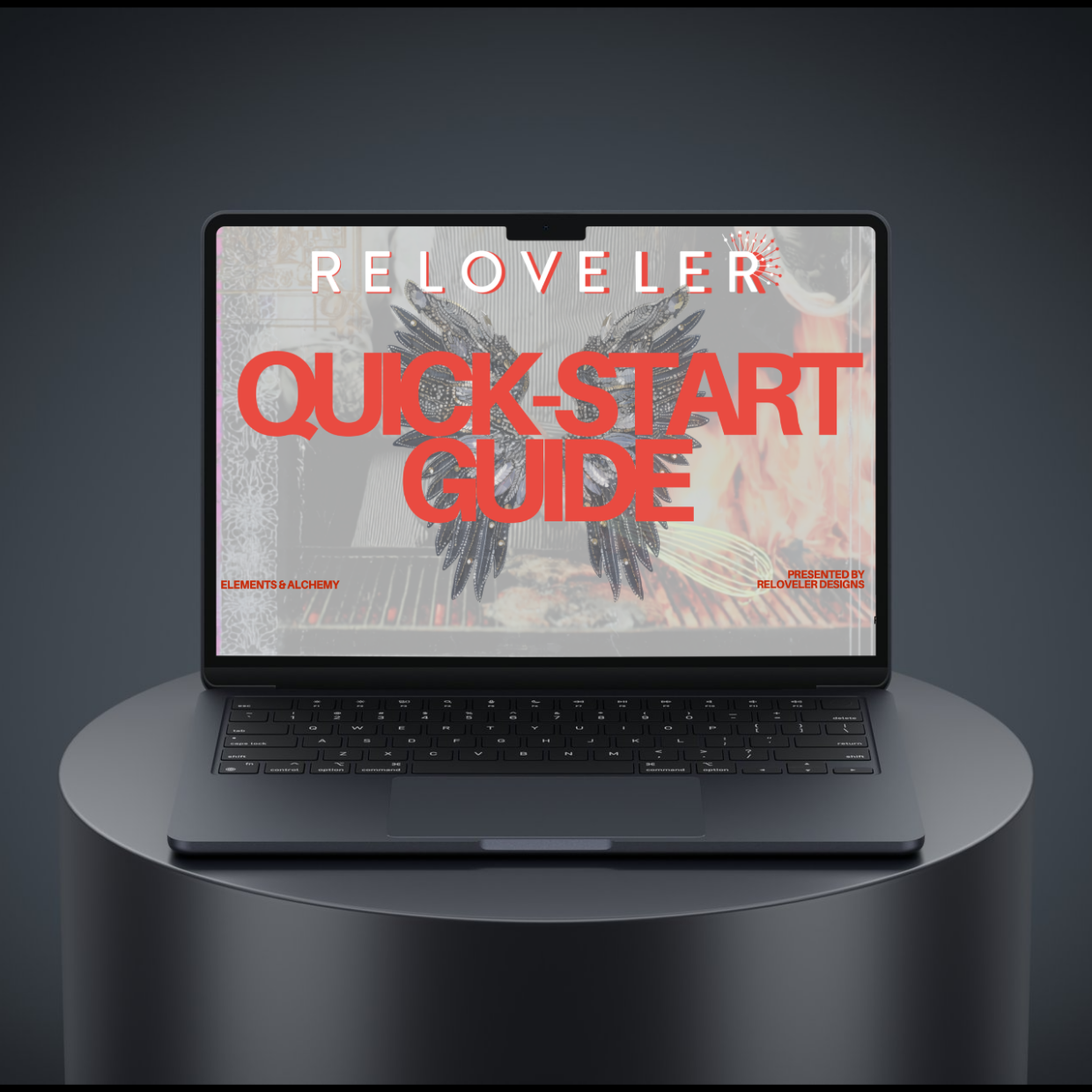 Laptop displaying a 'Quick-Start Guide' on a dark background 