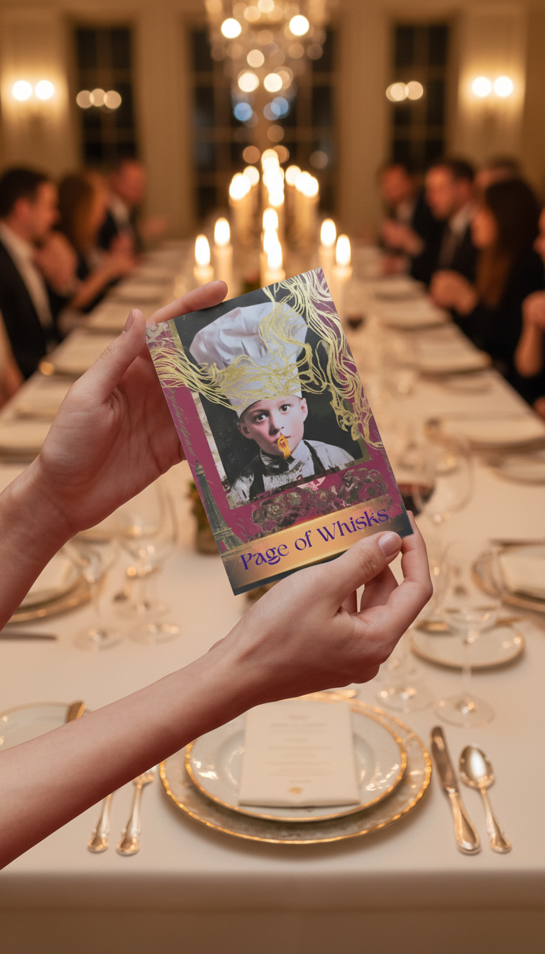 Person holding a Culinary Card titled 'Page of Whisks' at elegant dinner party  table. 