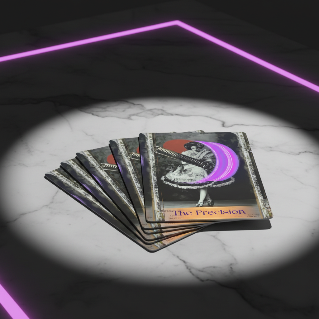 Elements & Alchemy culinary tarot deck with a central card titled 'The Precision' on a marble surface with neon lighting. 