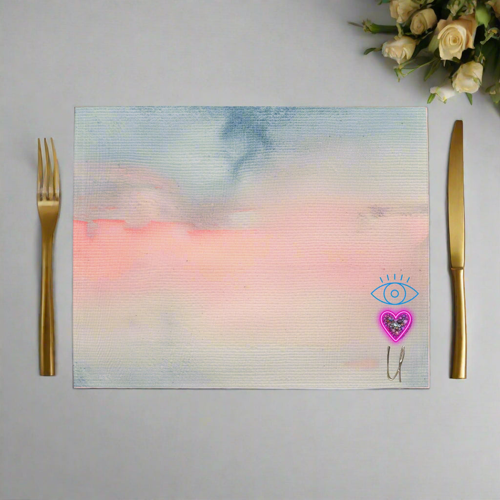 Pink and blue gradient sky placemat with heart-eye graphic and painterly texture