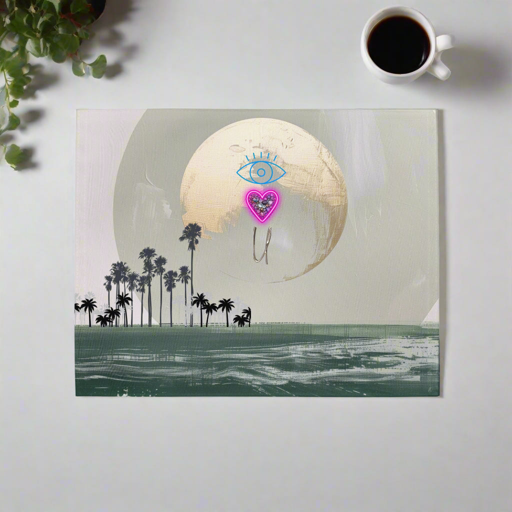 Ocean and palm tree scene under gold moon with signature heart-eye I Love You graphic