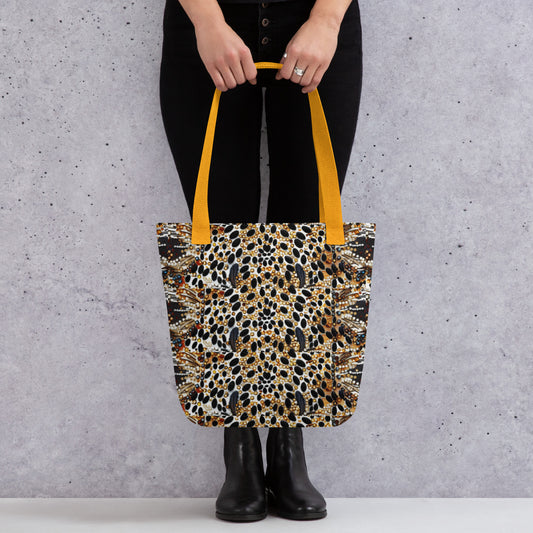 Woman carrying leopard tote bag with yellow handles 
