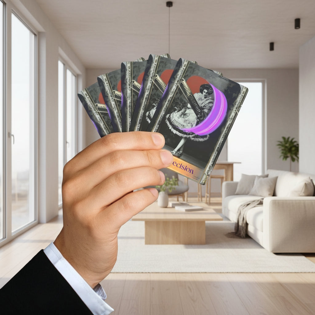 Hand holding a deck of cards with a visible brand name on a white background