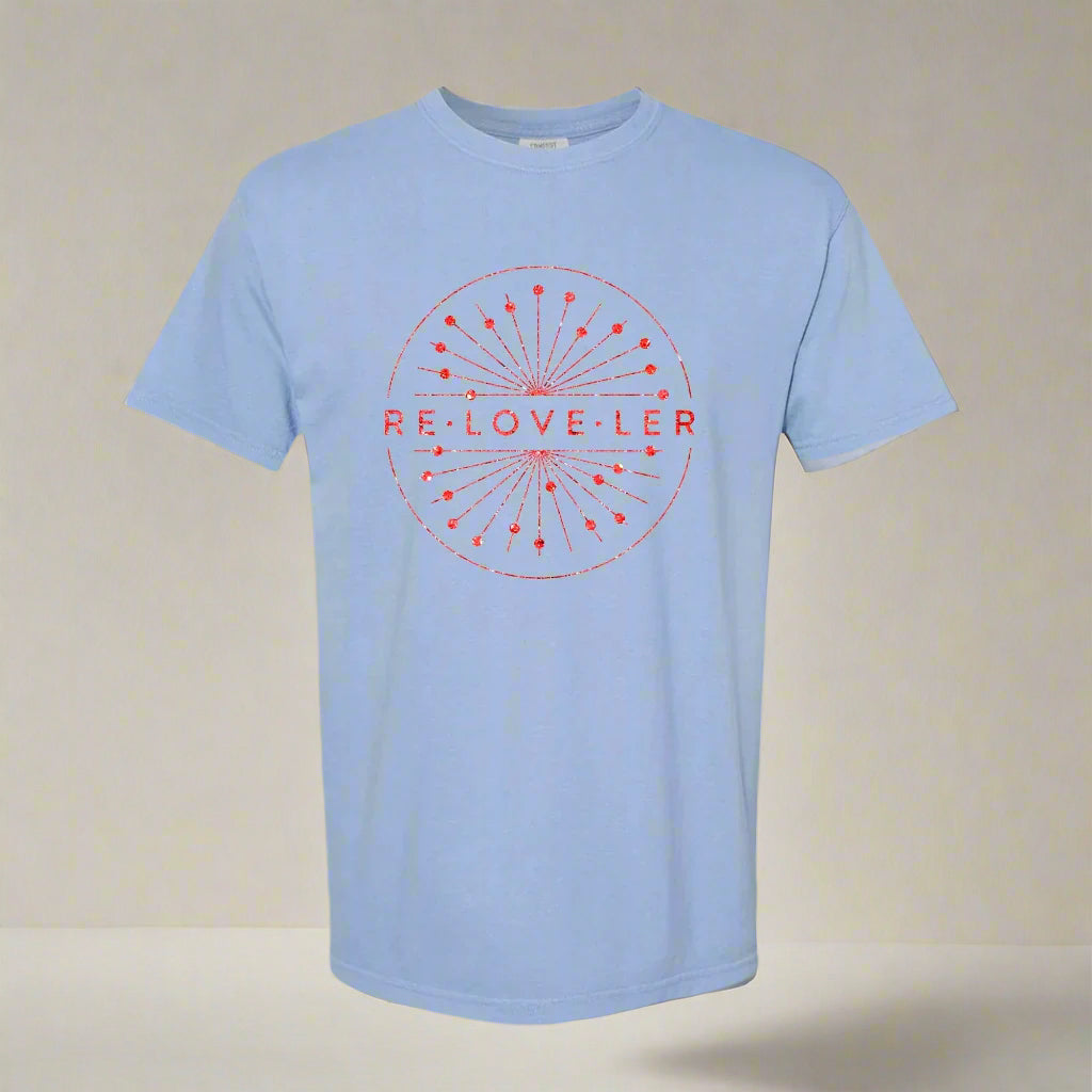 Red sparkle circle logo tee with elegant glitter design