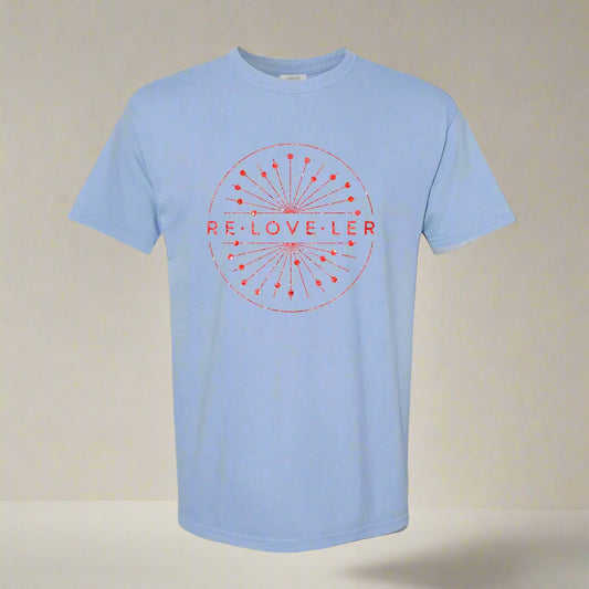 Red sparkle circle logo tee with elegant glitter design