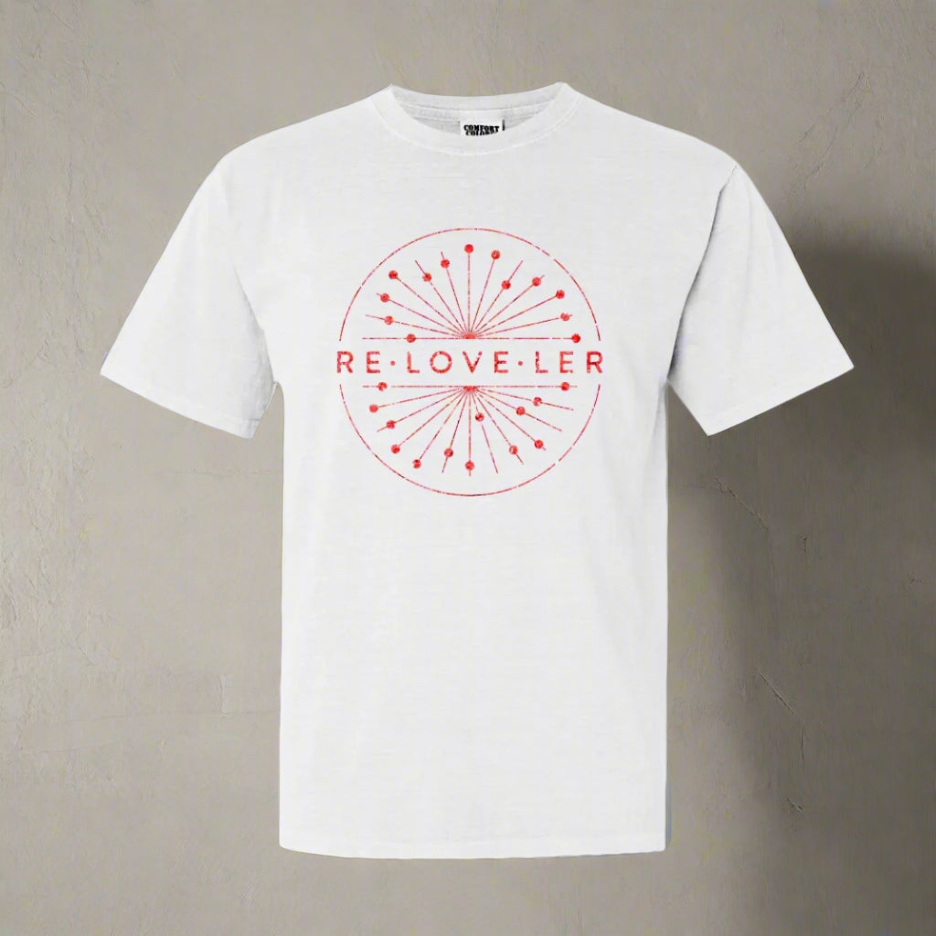 White t-shirt with Red logo sparkle circle. Wear with open jacket and just   LOVE lettering is visible 