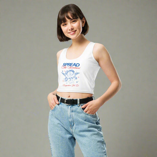 Woman wearing Sweetness Cherub crop top with retro typography
