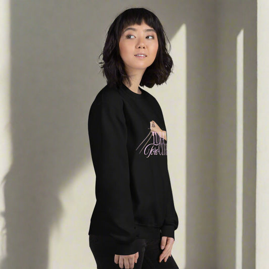 Side view of woman wearing foodie sweater 