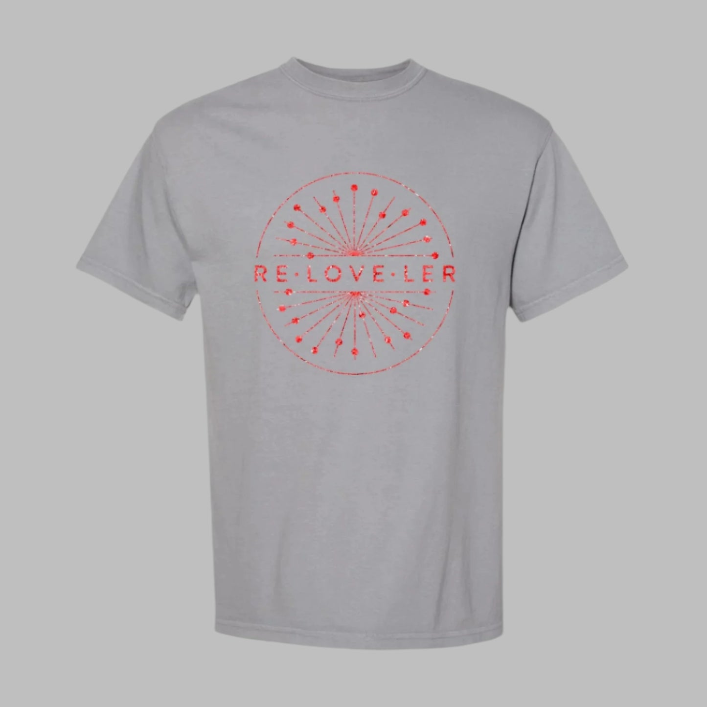 Grey unisex red sparkle circle logo tee with sophisticated design