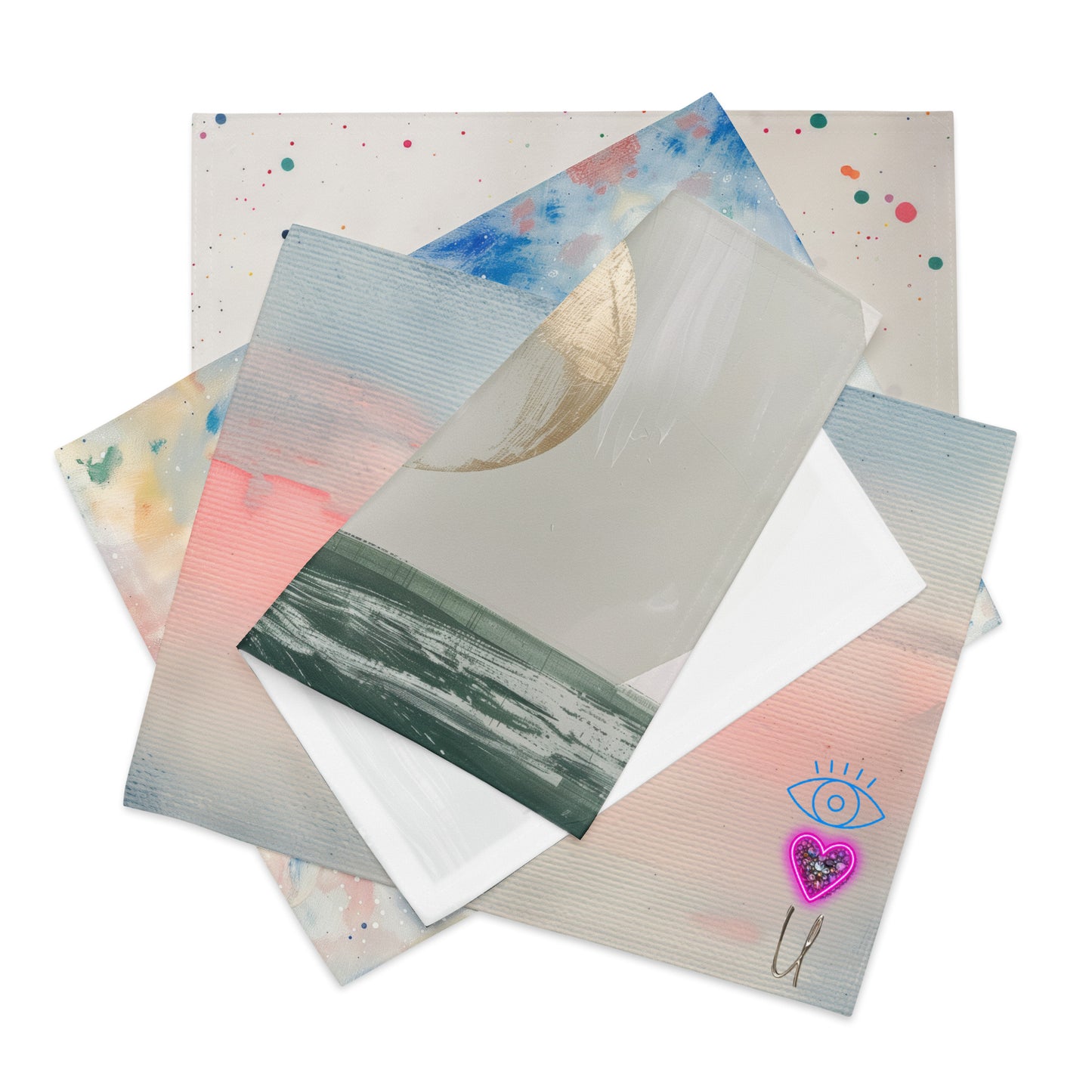 I Love You placemats set of 4 with different backgrounds on piled on top of each other to see all design styles in different view